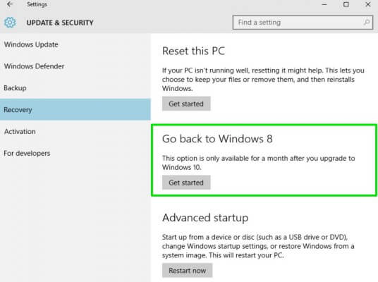 Menu instal ulang atau revert kembali ke Windows 8.