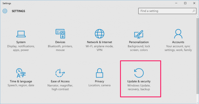 Tampilan menu Updates & Security pada Windows 10.