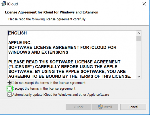 Perjanjian penggunaan iCloud pada saat instalasi di Windows.