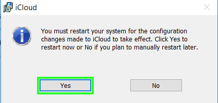 Konfirmasi restart PC setelah instalasi iCloud di Windows.
