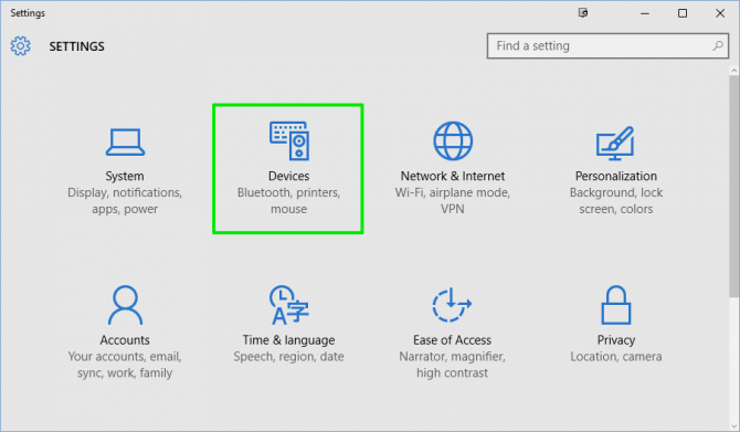 Menu Printing di layar Settings Windows 10.