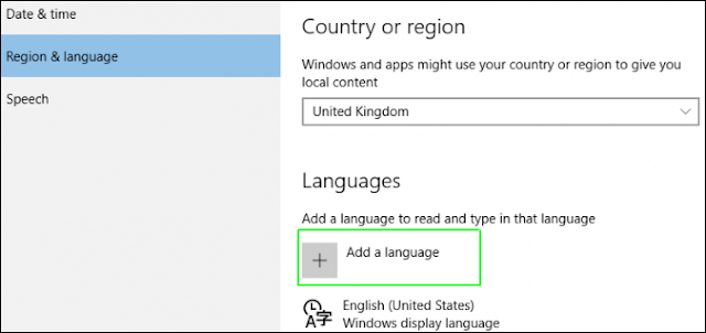 Opsi tambah bahasa di Windows 10.